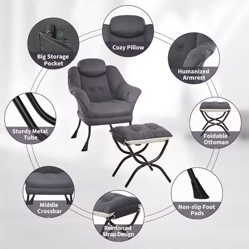 Poltrona Lazy con pouf, poltrona moderna da lettura, fodera rimovibile e lavabile, supporto ergonomico, per camera da letto, soggiorno