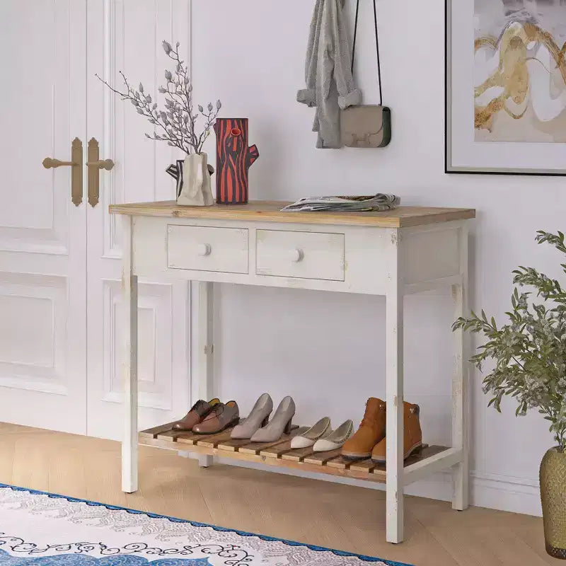 GDFStudio Schultz Tavolo Console Rustico in Legno di Abete con 2 Cassetti e 1 Ripiano Inferiore Aperto