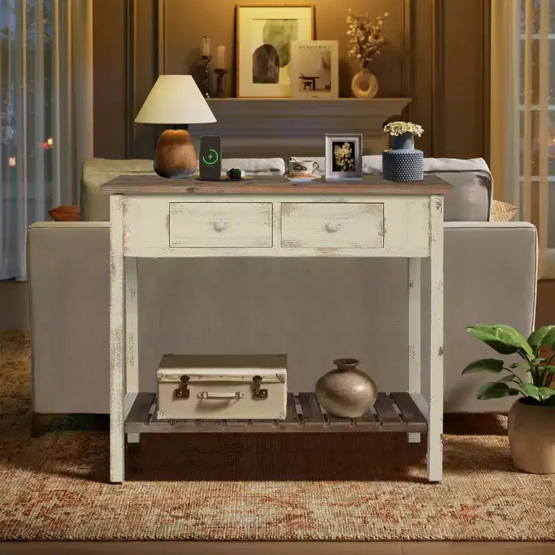 GDFStudio Schultz Tavolo Console Rustico in Legno di Abete con 2 Cassetti e 1 Ripiano Inferiore Aperto