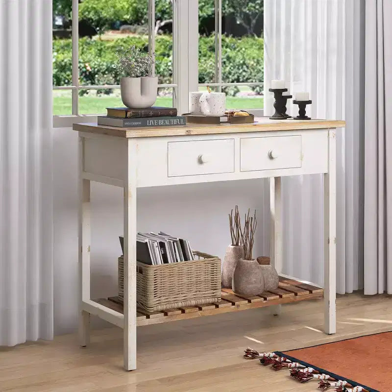 GDFStudio Schultz Tavolo Console Rustico in Legno di Abete con 2 Cassetti e 1 Ripiano Inferiore Aperto