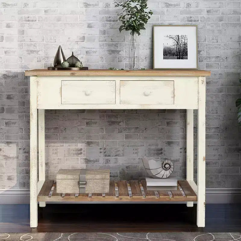 GDFStudio Schultz Tavolo Console Rustico in Legno di Abete con 2 Cassetti e 1 Ripiano Inferiore Aperto
