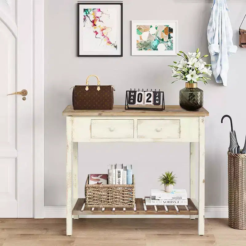 GDFStudio Schultz Tavolo Console Rustico in Legno di Abete con 2 Cassetti e 1 Ripiano Inferiore Aperto