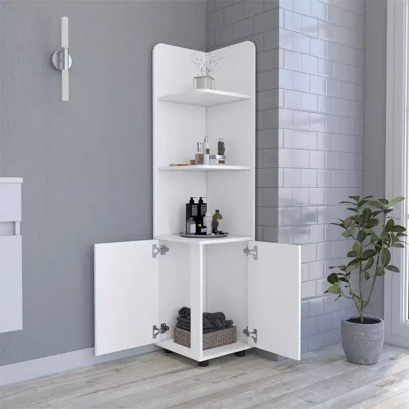 Armadietto a colonna da bagno, mobile alto da bagno con base a 2 ante, 3 ripiani aperti