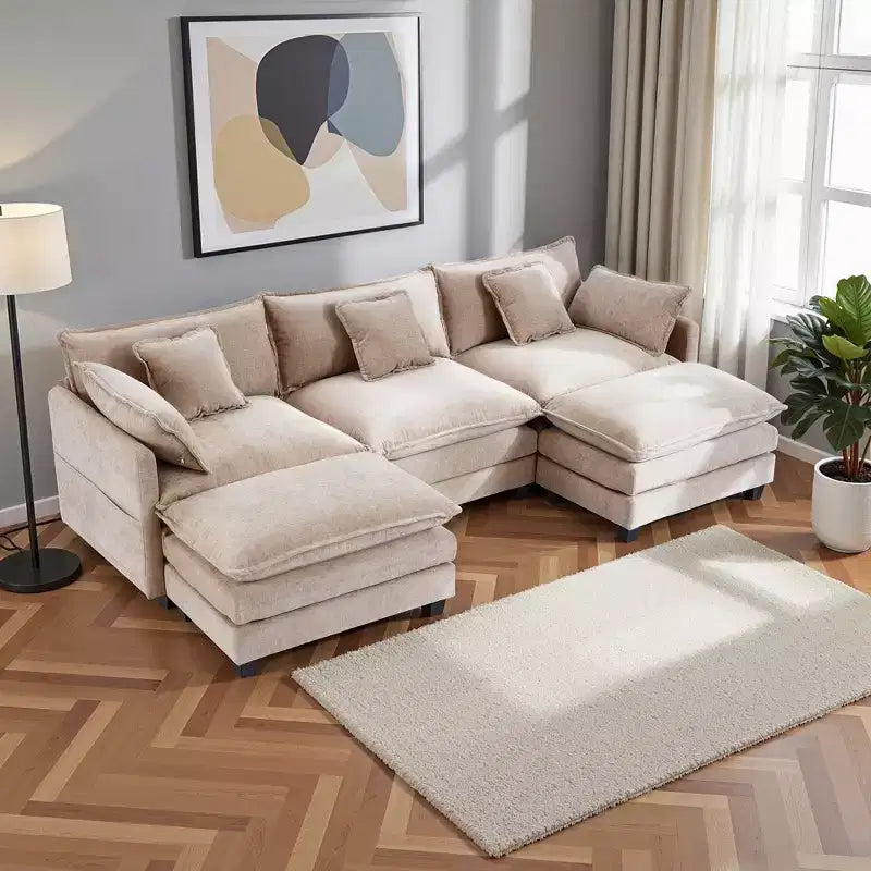 Divano a sezione modulare moderno a forma di U EHMKNP a 3 posti - in ciniglia, con seduta profonda, 2 pouf e 4 cuscini per casa/appartamento