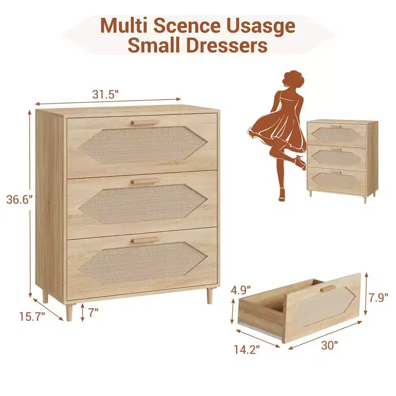 Cassettiera a 3 cassetti in Rattan per Camera da Letto, Comò Moderno in Rattan in Legno, Armadietti Contenitori in Legno per Camere da Letto, Corridoi, Soggiorni