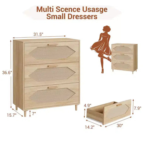 Cassettiera a 3 cassetti in Rattan per Camera da Letto, Comò Moderno in Rattan in Legno, Armadietti Contenitori in Legno per Camere da Letto, Corridoi, Soggiorni