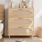 Cassettiera a 3 cassetti in Rattan per Camera da Letto, Comò Moderno in Rattan in Legno, Armadietti Contenitori in Legno per Camere da Letto, Corridoi, Soggiorni