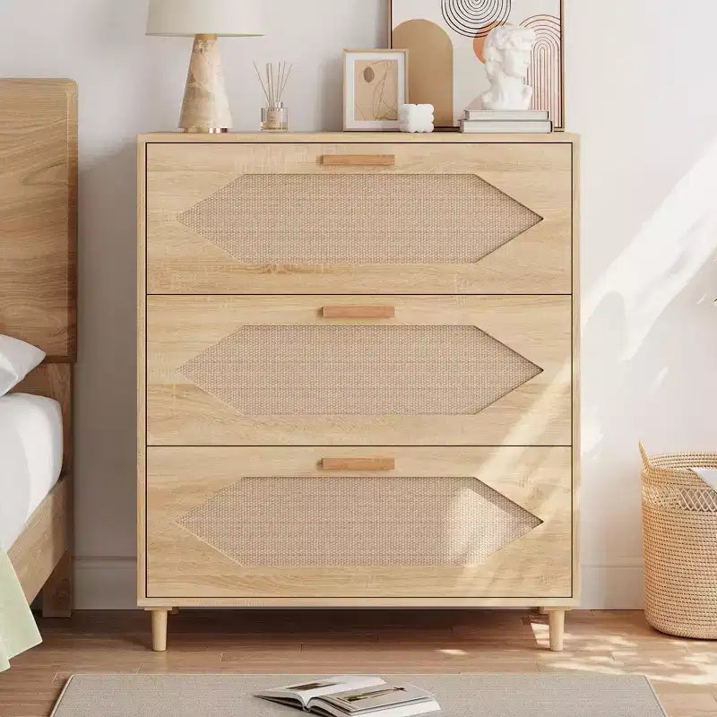 Cassettiera a 3 cassetti in Rattan per Camera da Letto, Comò Moderno in Rattan in Legno, Armadietti Contenitori in Legno per Camere da Letto, Corridoi, Soggiorni