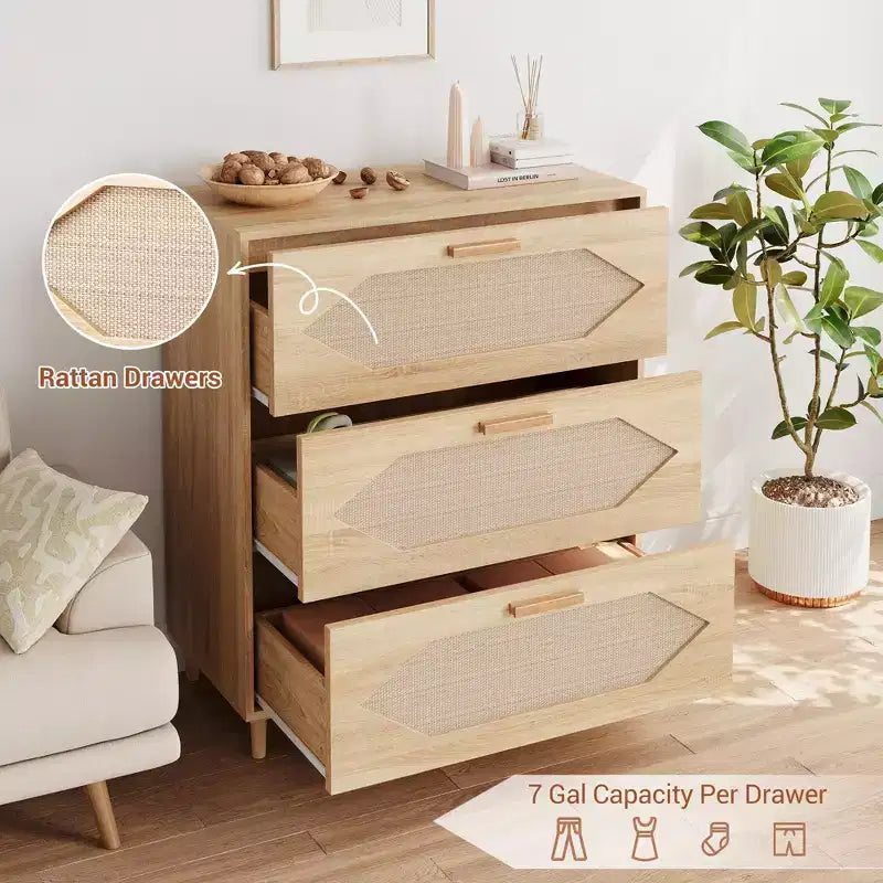 Cassettiera a 3 cassetti in Rattan per Camera da Letto, Comò Moderno in Rattan in Legno, Armadietti Contenitori in Legno per Camere da Letto, Corridoi, Soggiorni