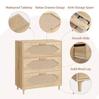 Cassettiera a 3 cassetti in Rattan per Camera da Letto, Comò Moderno in Rattan in Legno, Armadietti Contenitori in Legno per Camere da Letto, Corridoi, Soggiorni
