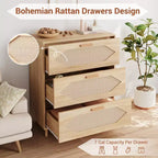 Cassettiera a 3 cassetti in Rattan per Camera da Letto, Comò Moderno in Rattan in Legno, Armadietti Contenitori in Legno per Camere da Letto, Corridoi, Soggiorni