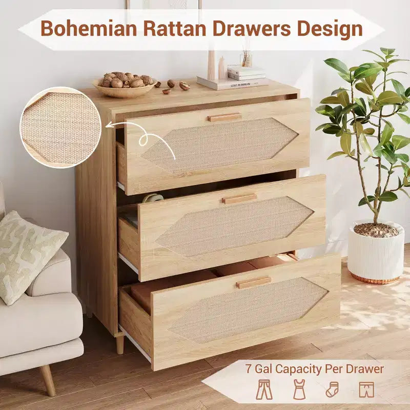Cassettiera a 3 cassetti in Rattan per Camera da Letto, Comò Moderno in Rattan in Legno, Armadietti Contenitori in Legno per Camere da Letto, Corridoi, Soggiorni