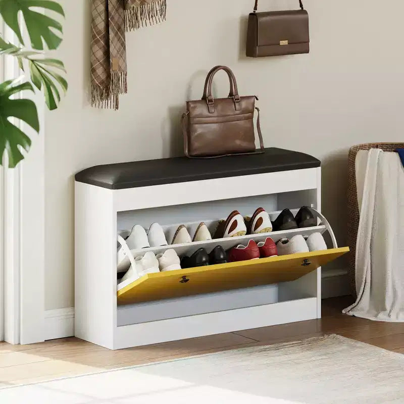 Modern Entryway Shoe Cabinet, Shoe Storage Bench, Flip Drawer and Seat Cushion, , Bedroom, Living Room,White + Yellow