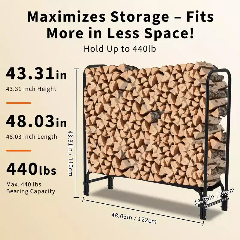 Porta legna da ardere da 1,2 m per esterni e interni, porta tronchi resistente, organizer per legna con rete in acciaio per camino, patio, impilatore di legna durevole