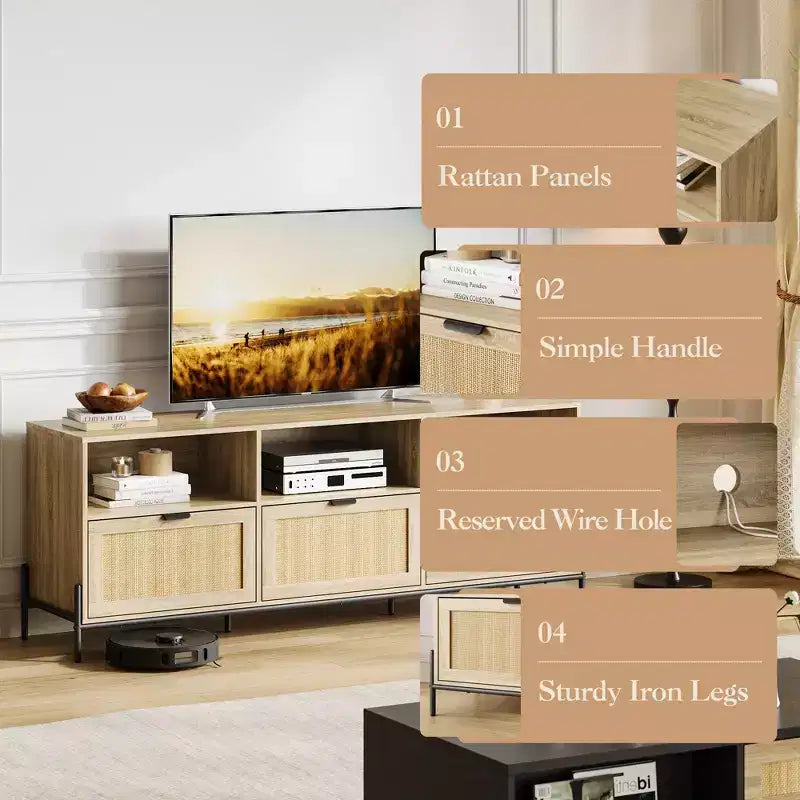 Mobile TV per centri di intrattenimento con funzionalità di archiviazione Mobile multimediale in rattan con due ante Supporto in legno per il soggiorno