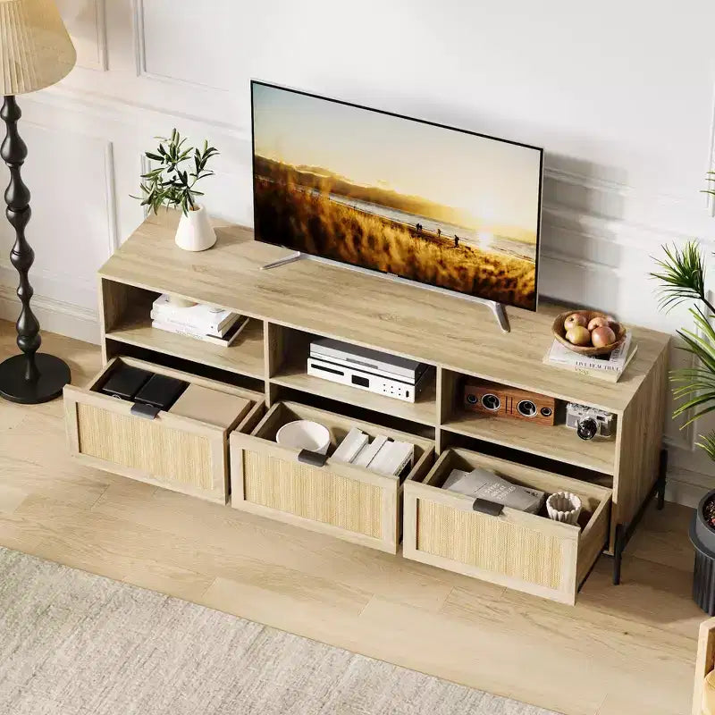 Mobile TV per centri di intrattenimento con funzionalità di archiviazione Mobile multimediale in rattan con due ante Supporto in legno per il soggiorno