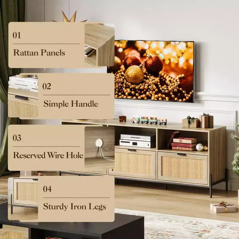 Mobile TV per centri di intrattenimento con funzionalità di archiviazione Mobile multimediale in rattan con due ante Supporto in legno per il soggiorno