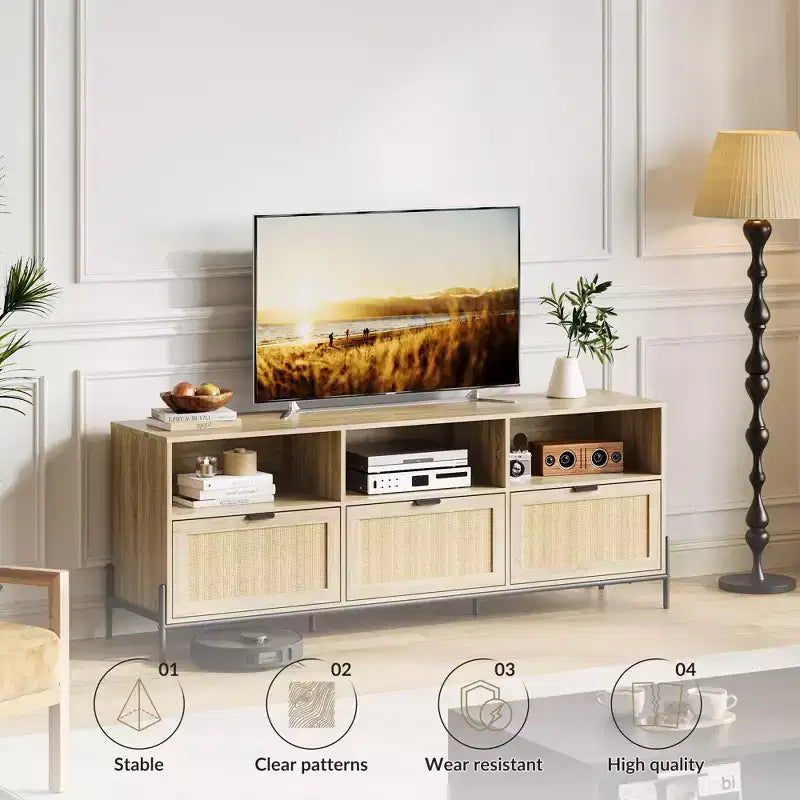 Mobile TV per centri di intrattenimento con funzionalità di archiviazione Mobile multimediale in rattan con due ante Supporto in legno per il soggiorno