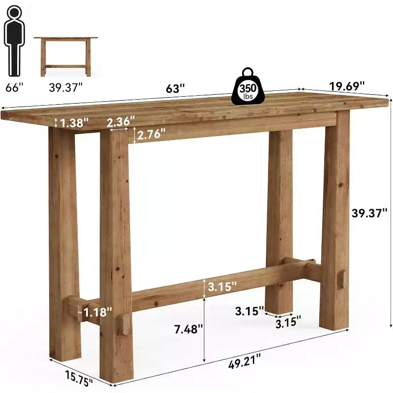 Tavolo da bar Lantine in legno massello, tavolo da pub alto da 63" di lunghezza, mobile bar in legno per cucina, caffè o ristorante