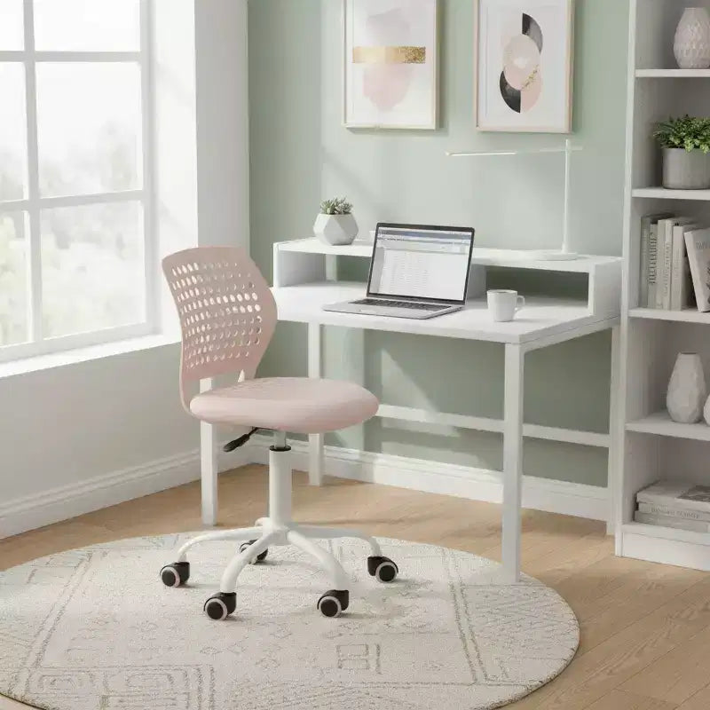 Sedia da scrivania senza braccioli FurnitureR con ruote, sedia girevole compatta regolabile in altezza per studio e computer con schienale traspirante, rosa