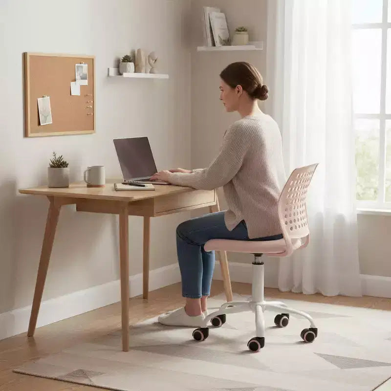 Sedia da scrivania senza braccioli FurnitureR con ruote, sedia girevole compatta regolabile in altezza per studio e computer con schienale traspirante, rosa