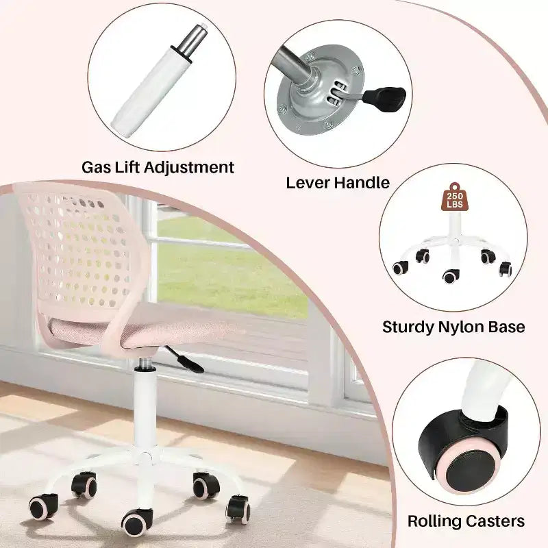 Sedia da scrivania senza braccioli FurnitureR con ruote, sedia girevole compatta regolabile in altezza per studio e computer con schienale traspirante, rosa