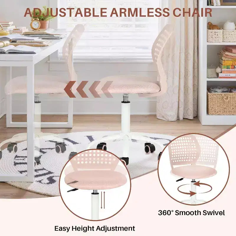 Sedia da scrivania senza braccioli FurnitureR con ruote, sedia girevole compatta regolabile in altezza per studio e computer con schienale traspirante, rosa