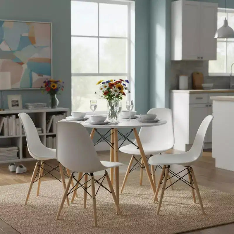 FurnitureR Tavolo da Pranzo Rotondo da 80 cm per 2-4 Persone, Elegante Tavolo Circolare con Gambe in Legno per Cucina, Bar, Sale Ricreative, Bianco