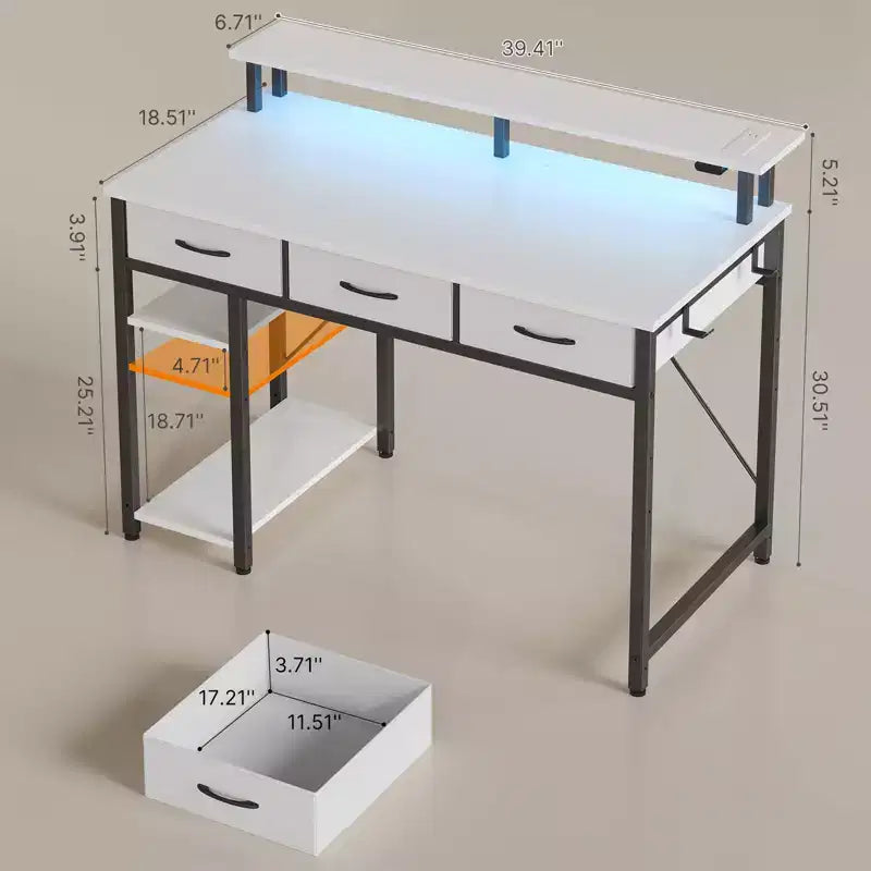 Scrivania da computer Greenstell da 39/47/55 pollici con supporto per monitor, scrivania da gaming a LED, presa di corrente e cassetti multipli