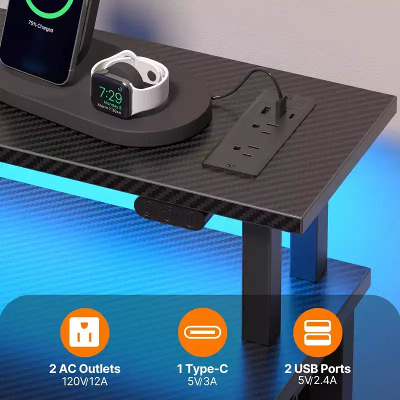 Scrivania da computer Greenstell da 39/47/55 pollici con supporto per monitor, scrivania da gaming a LED, presa di corrente e cassetti multipli