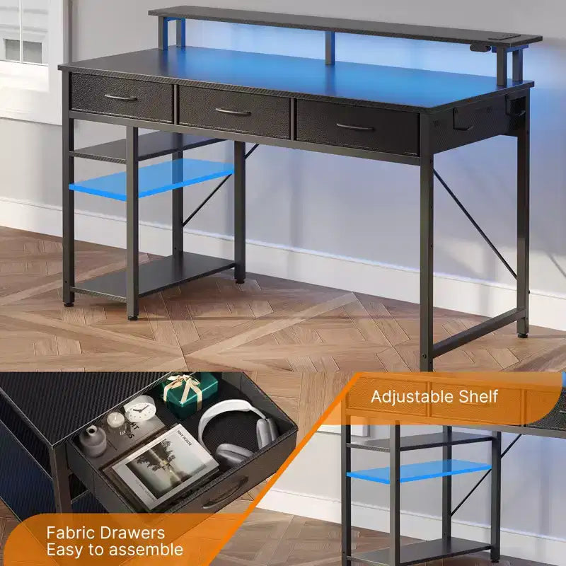Scrivania da computer Greenstell da 39/47/55 pollici con supporto per monitor, scrivania da gaming a LED, presa di corrente e cassetti multipli