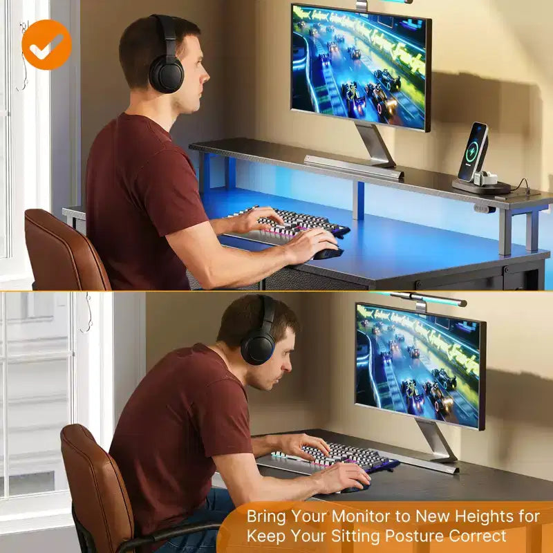 Scrivania da computer Greenstell da 39/47/55 pollici con supporto per monitor, scrivania da gaming a LED, presa di corrente e cassetti multipli