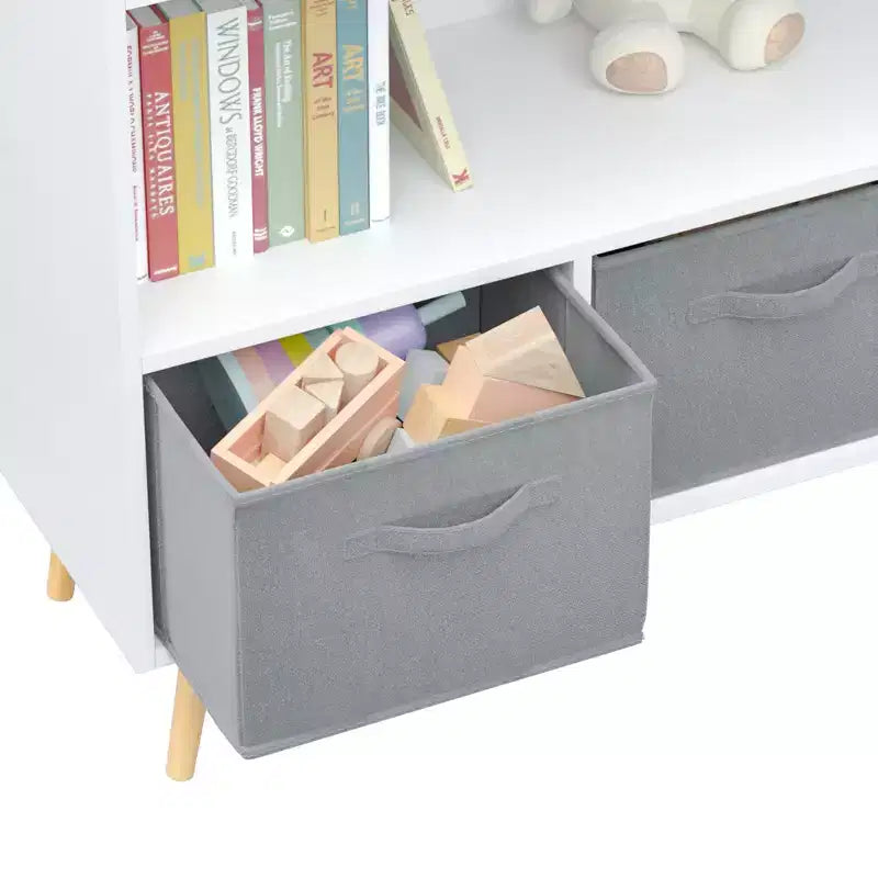 Libreria per Bambini Whisen con 3 Cassetti in Tessuto, Multiuso per Libri/Giocattoli, con Fibbia di Sicurezza per Montaggio a Parete, in MDF ad Alta Densità