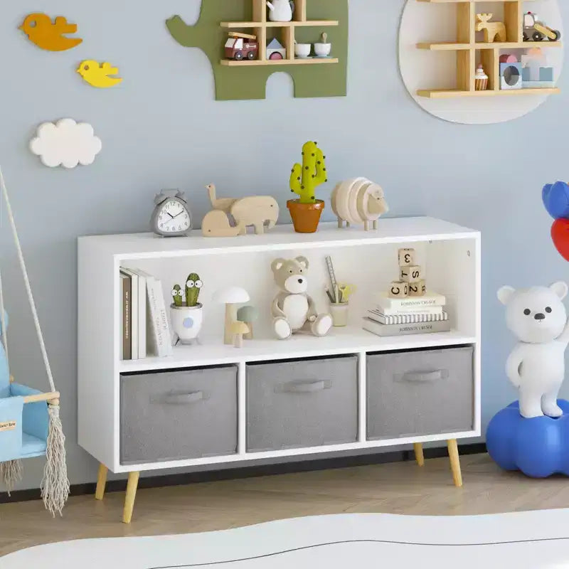 Libreria per Bambini Whisen con 3 Cassetti in Tessuto, Multiuso per Libri/Giocattoli, con Fibbia di Sicurezza per Montaggio a Parete, in MDF ad Alta Densità