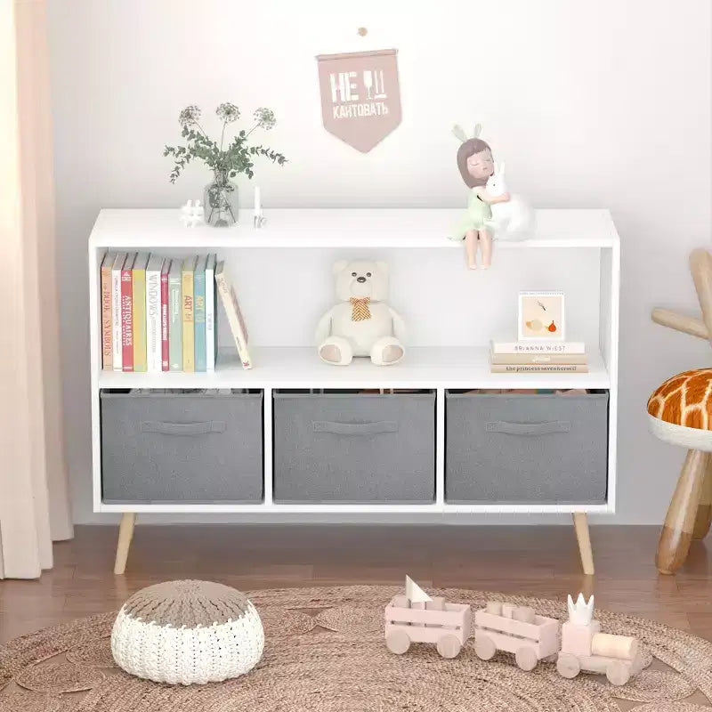 Libreria per Bambini Whisen con 3 Cassetti in Tessuto, Multiuso per Libri/Giocattoli, con Fibbia di Sicurezza per Montaggio a Parete, in MDF ad Alta Densità