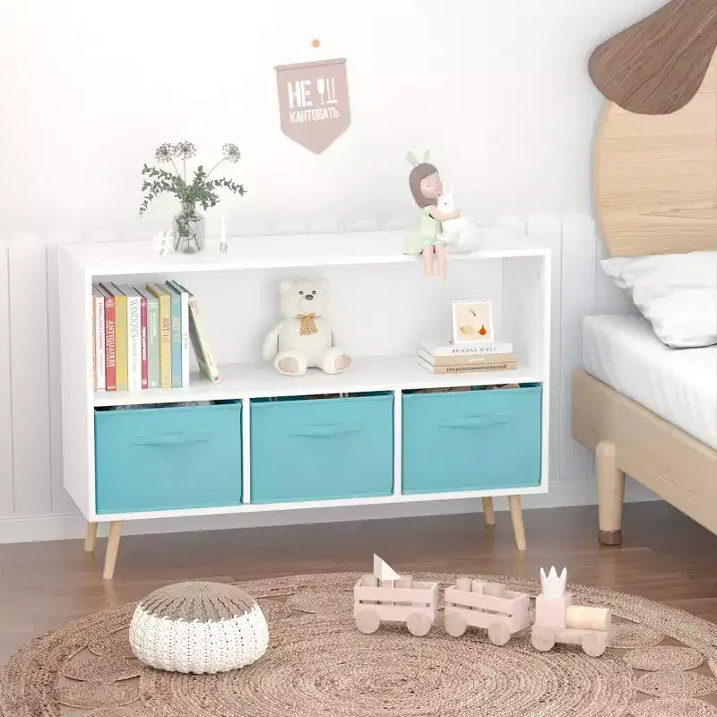 Libreria per Bambini Whisen con 3 Cassetti in Tessuto, Multiuso per Libri/Giocattoli, con Fibbia di Sicurezza per Montaggio a Parete, in MDF ad Alta Densità