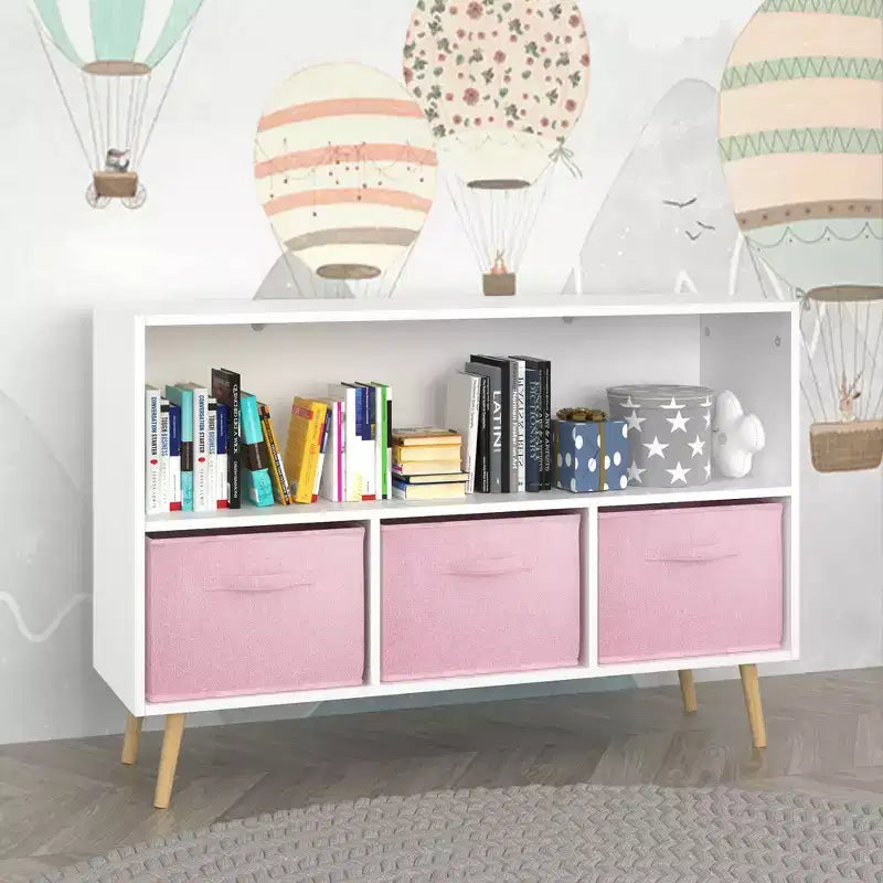 Libreria per Bambini Whisen con 3 Cassetti in Tessuto, Multiuso per Libri/Giocattoli, con Fibbia di Sicurezza per Montaggio a Parete, in MDF ad Alta Densità