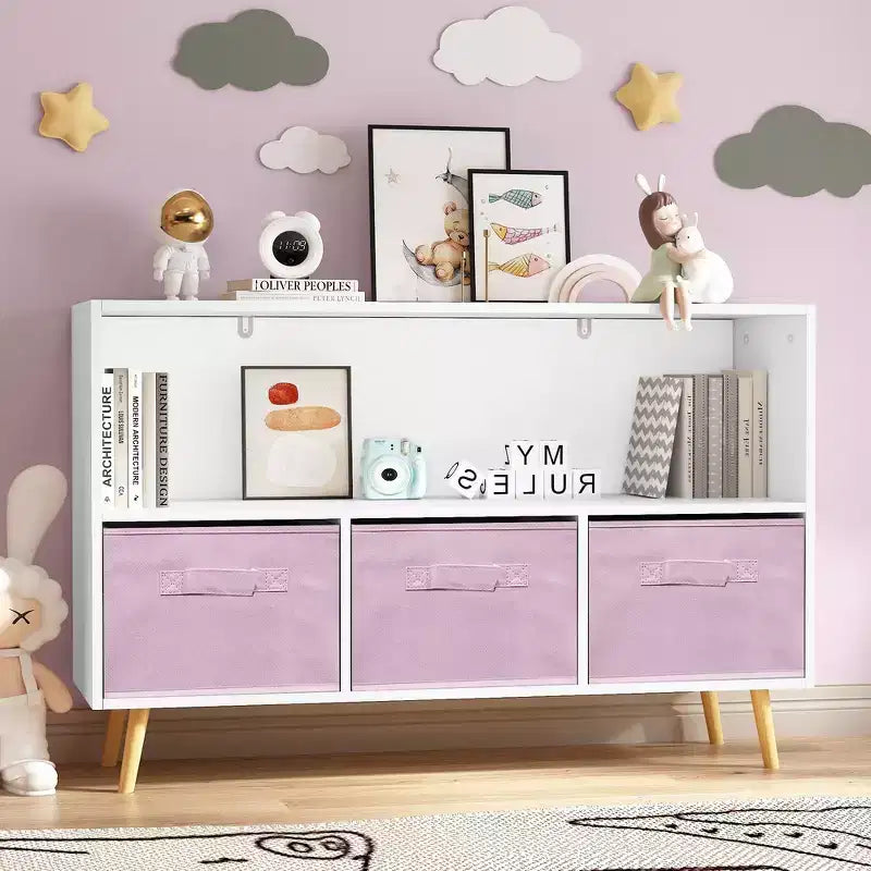 Libreria per Bambini Whisen con 3 Cassetti in Tessuto, Multiuso per Libri/Giocattoli, con Fibbia di Sicurezza per Montaggio a Parete, in MDF ad Alta Densità