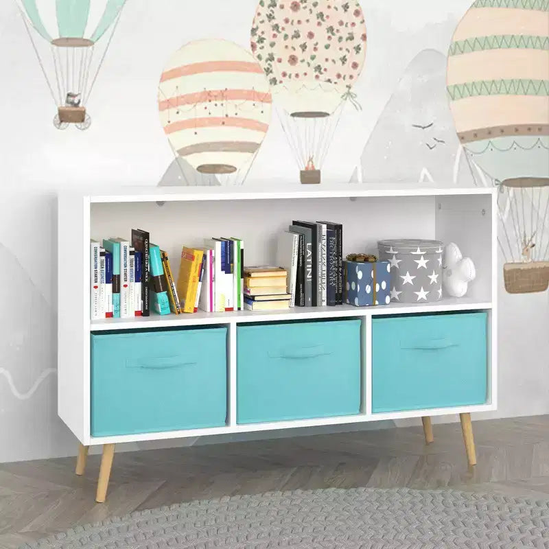 Libreria per Bambini Whisen con 3 Cassetti in Tessuto, Multiuso per Libri/Giocattoli, con Fibbia di Sicurezza per Montaggio a Parete, in MDF ad Alta Densità