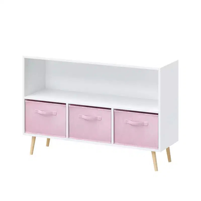 Libreria per Bambini Whisen con 3 Cassetti in Tessuto, Multiuso per Libri/Giocattoli, con Fibbia di Sicurezza per Montaggio a Parete, in MDF ad Alta Densità