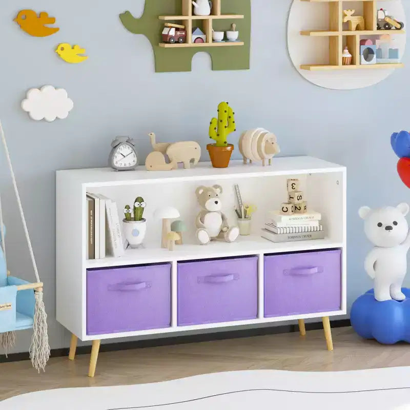 Libreria per Bambini Whisen con 3 Cassetti in Tessuto, Multiuso per Libri/Giocattoli, con Fibbia di Sicurezza per Montaggio a Parete, in MDF ad Alta Densità