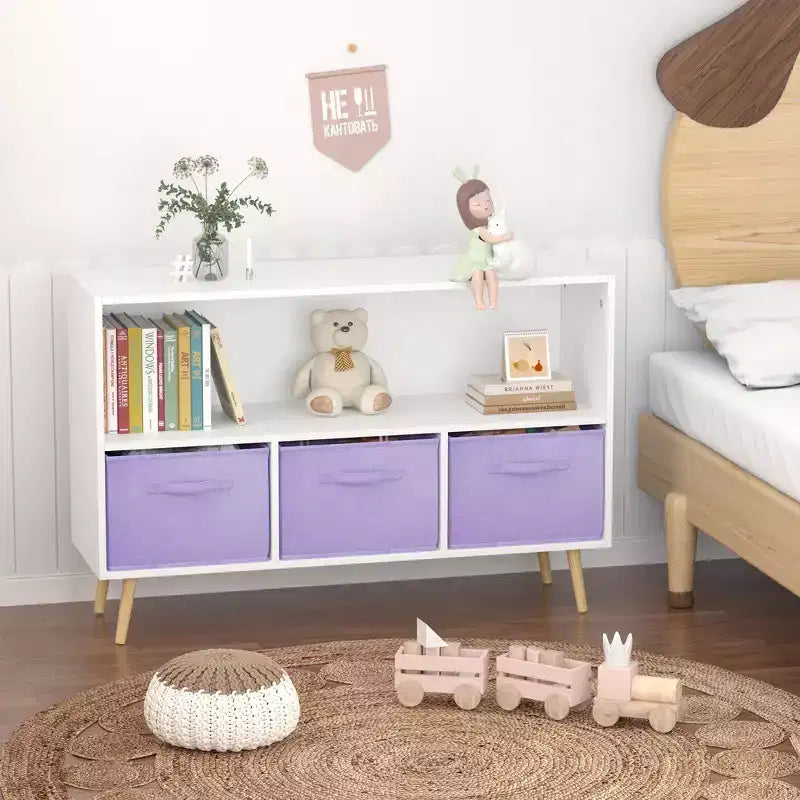 Libreria per Bambini Whisen con 3 Cassetti in Tessuto, Multiuso per Libri/Giocattoli, con Fibbia di Sicurezza per Montaggio a Parete, in MDF ad Alta Densità