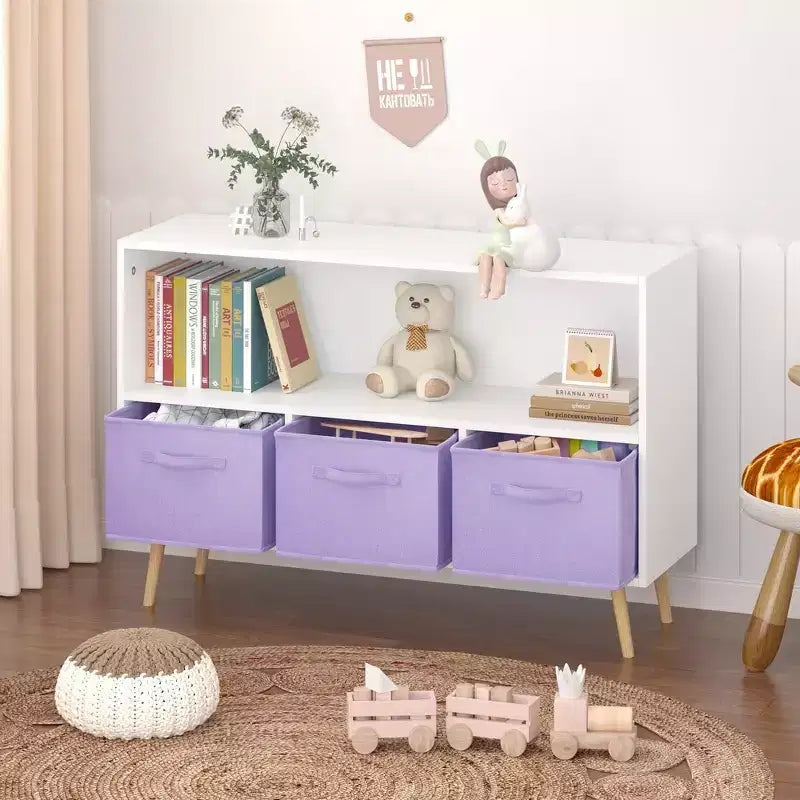 Libreria per Bambini Whisen con 3 Cassetti in Tessuto, Multiuso per Libri/Giocattoli, con Fibbia di Sicurezza per Montaggio a Parete, in MDF ad Alta Densità