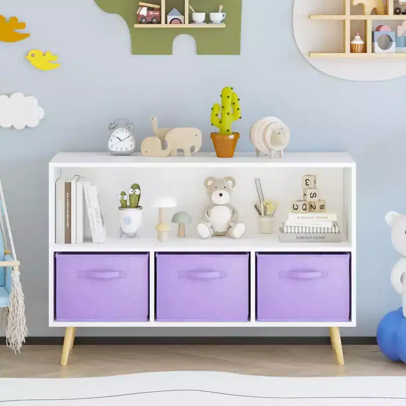 Libreria per Bambini Whisen con 3 Cassetti in Tessuto, Multiuso per Libri/Giocattoli, con Fibbia di Sicurezza per Montaggio a Parete, in MDF ad Alta Densità
