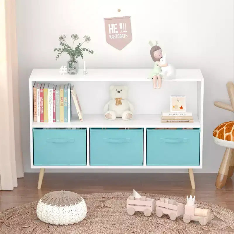 Libreria per Bambini Whisen con 3 Cassetti in Tessuto, Multiuso per Libri/Giocattoli, con Fibbia di Sicurezza per Montaggio a Parete, in MDF ad Alta Densità