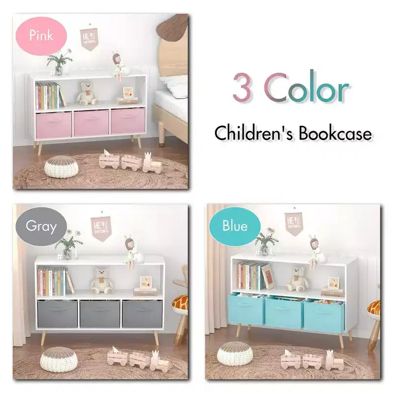 Libreria per Bambini Whisen con 3 Cassetti in Tessuto, Multiuso per Libri/Giocattoli, con Fibbia di Sicurezza per Montaggio a Parete, in MDF ad Alta Densità