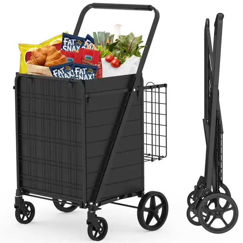 GDFStudio Salta Foldable Heavy-Duty Shopping Cart with Tall Handle, Dual Baskets and Waterproof Liner