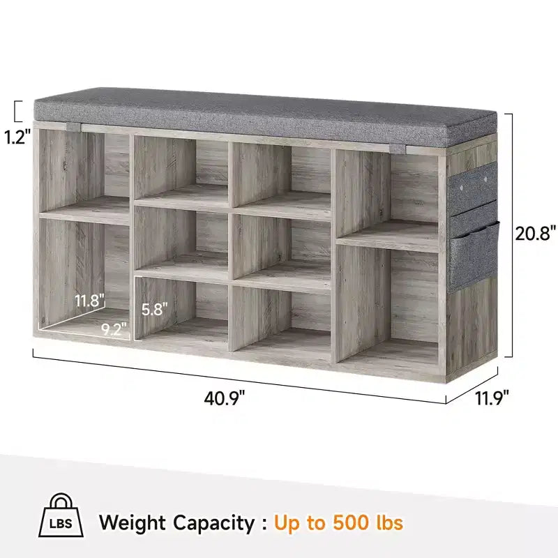 GustoWave Panchina portacampate 2-in-1 con sedile imbottito e vano portaoggetti | Scarpiera in legno con ripiani regolabili e tasche laterali, grigio