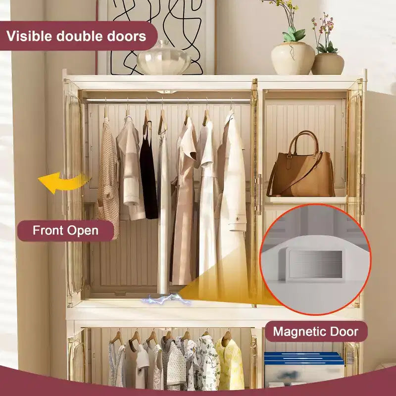 Armadio portatile con 6 ante magnetiche, 6 cubi e 2 aste appendiabiti, include 6 grucce, armadio per vestiti per bambini, bianco