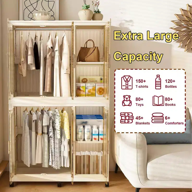 Armadio portatile con 6 ante magnetiche, 6 cubi e 2 aste appendiabiti, include 6 grucce, armadio per vestiti per bambini, bianco